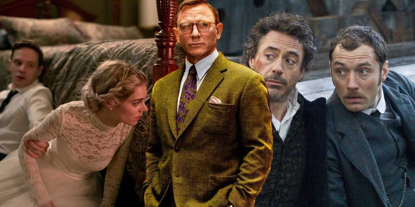 Коллаж из фильмов "Ready or Not", "Knives Out" и "Шерлок Холмс"