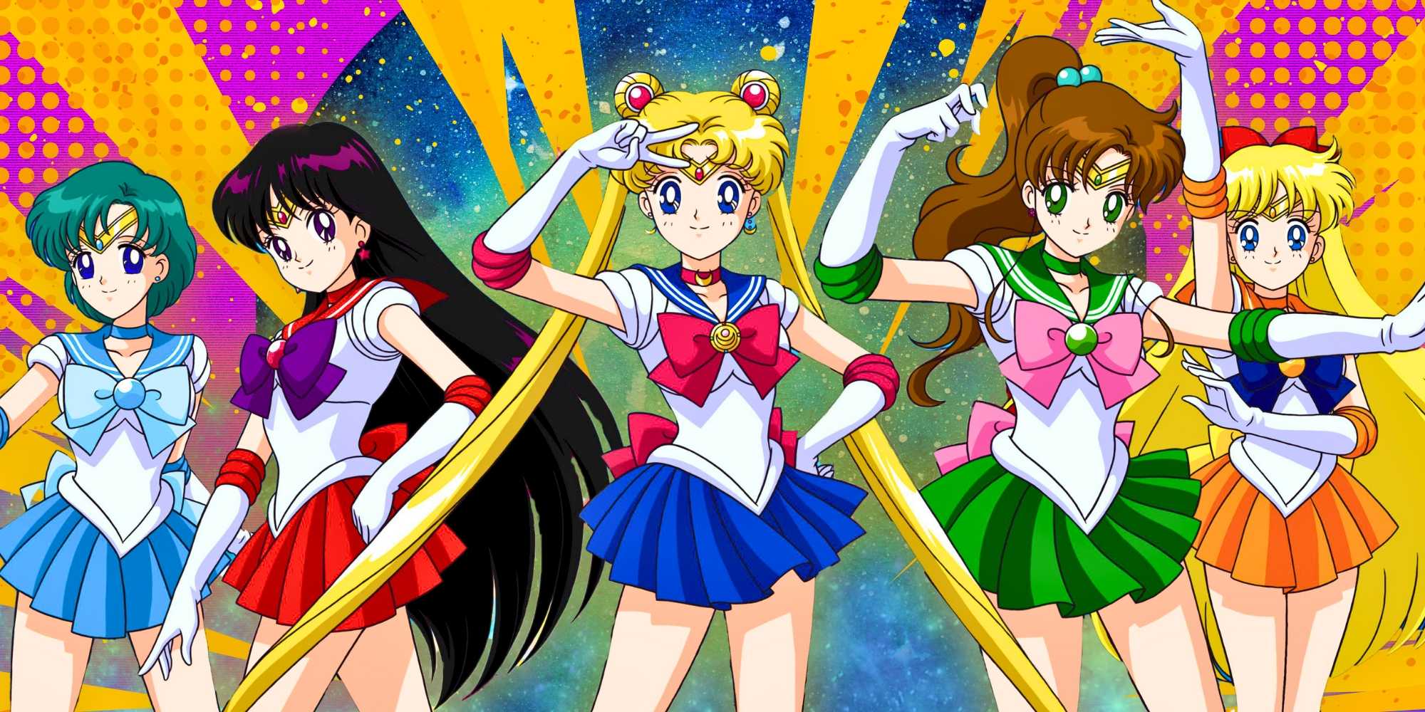 Персонажи "Sailor Moon" позируют перед красочным фоном.