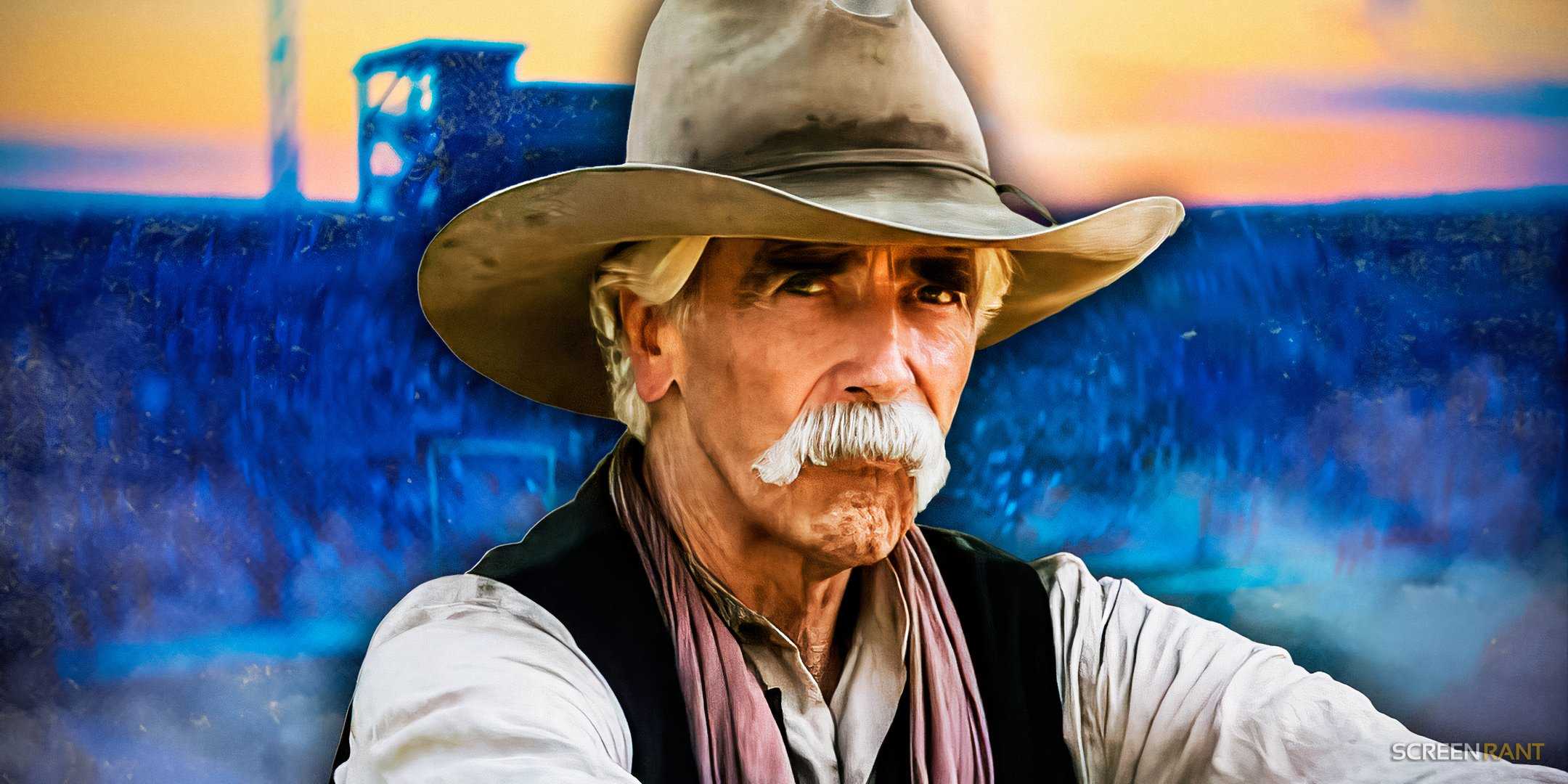 Сэм Эллиот в сериале "1883" перед фоном от Landman.