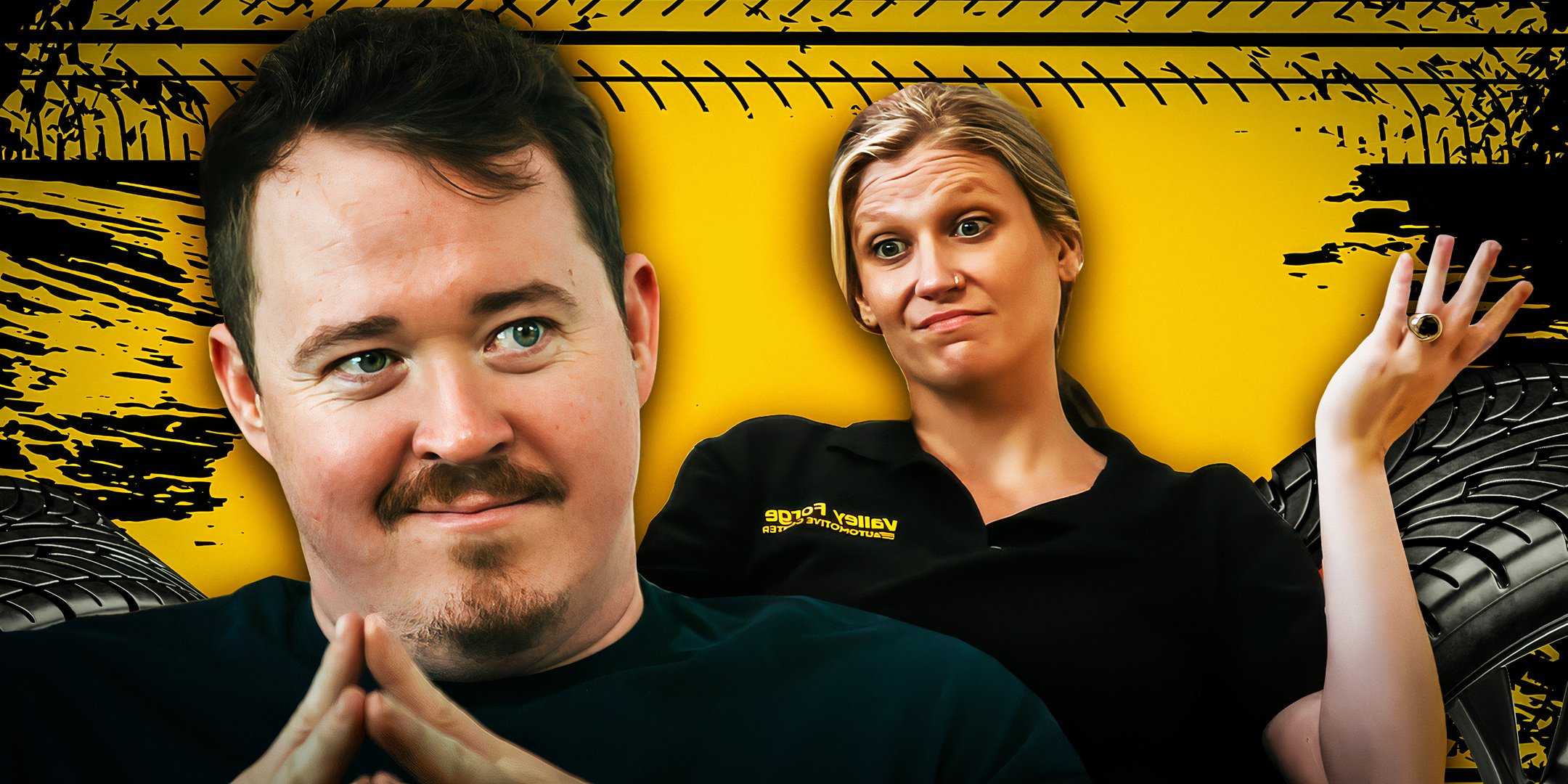 Фотографии Шейна и Кила, сидящих перед желтым фоном с следами от шин