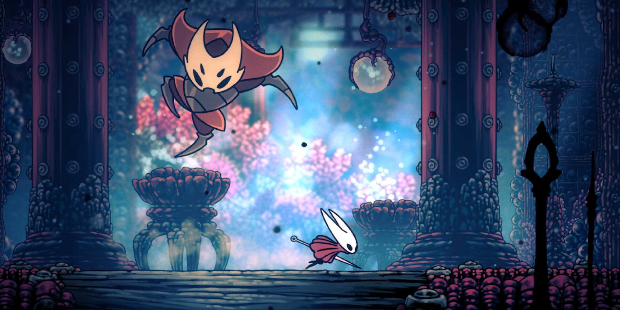 Скриншот Hollow Knight: Silksong, показывающий пчелу, убегающую от врага.