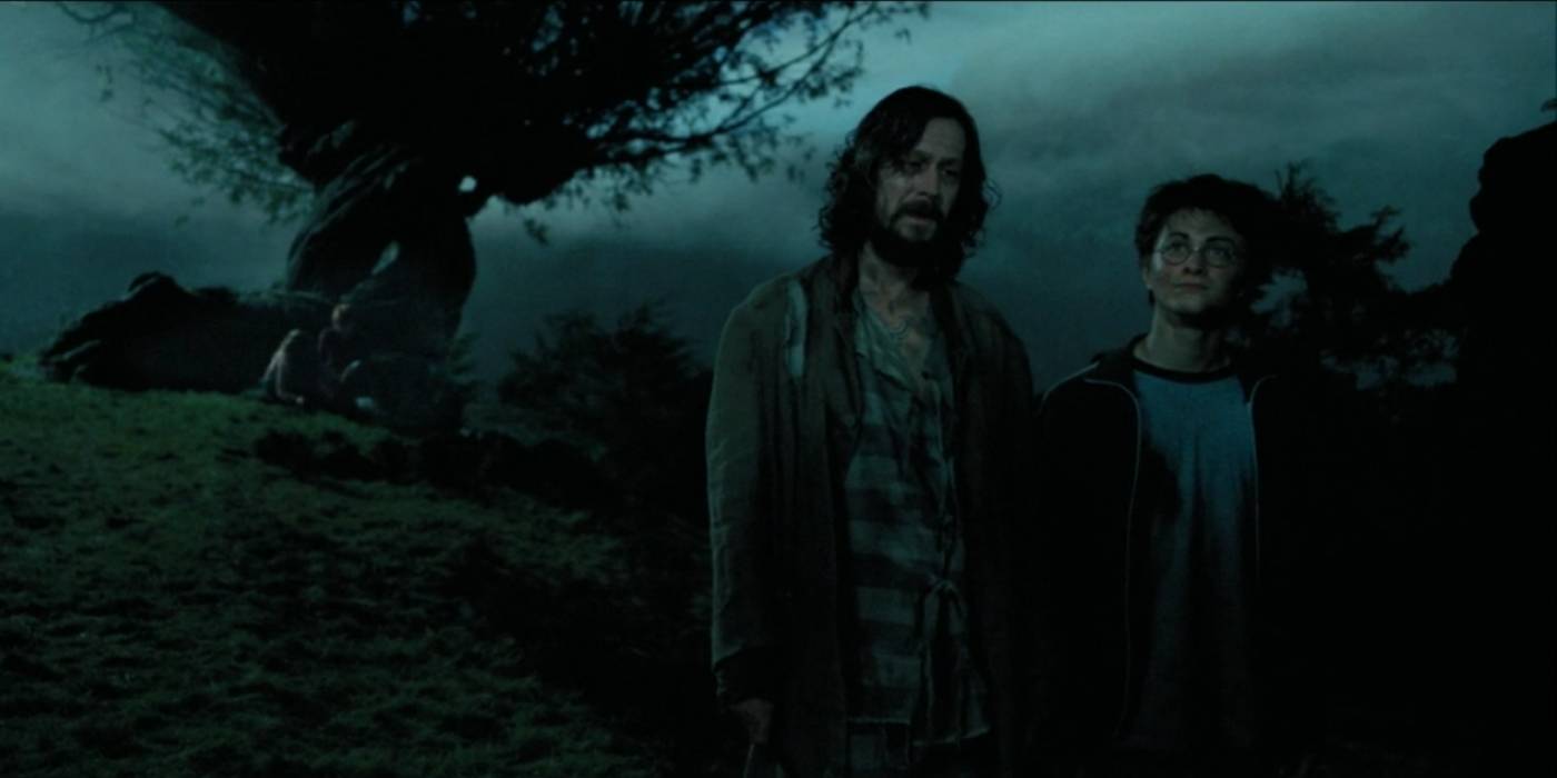 Сириус и Гарри, стоящие рядом с "Ударом" в "Гарри Поттер и Азкабанийский узник"