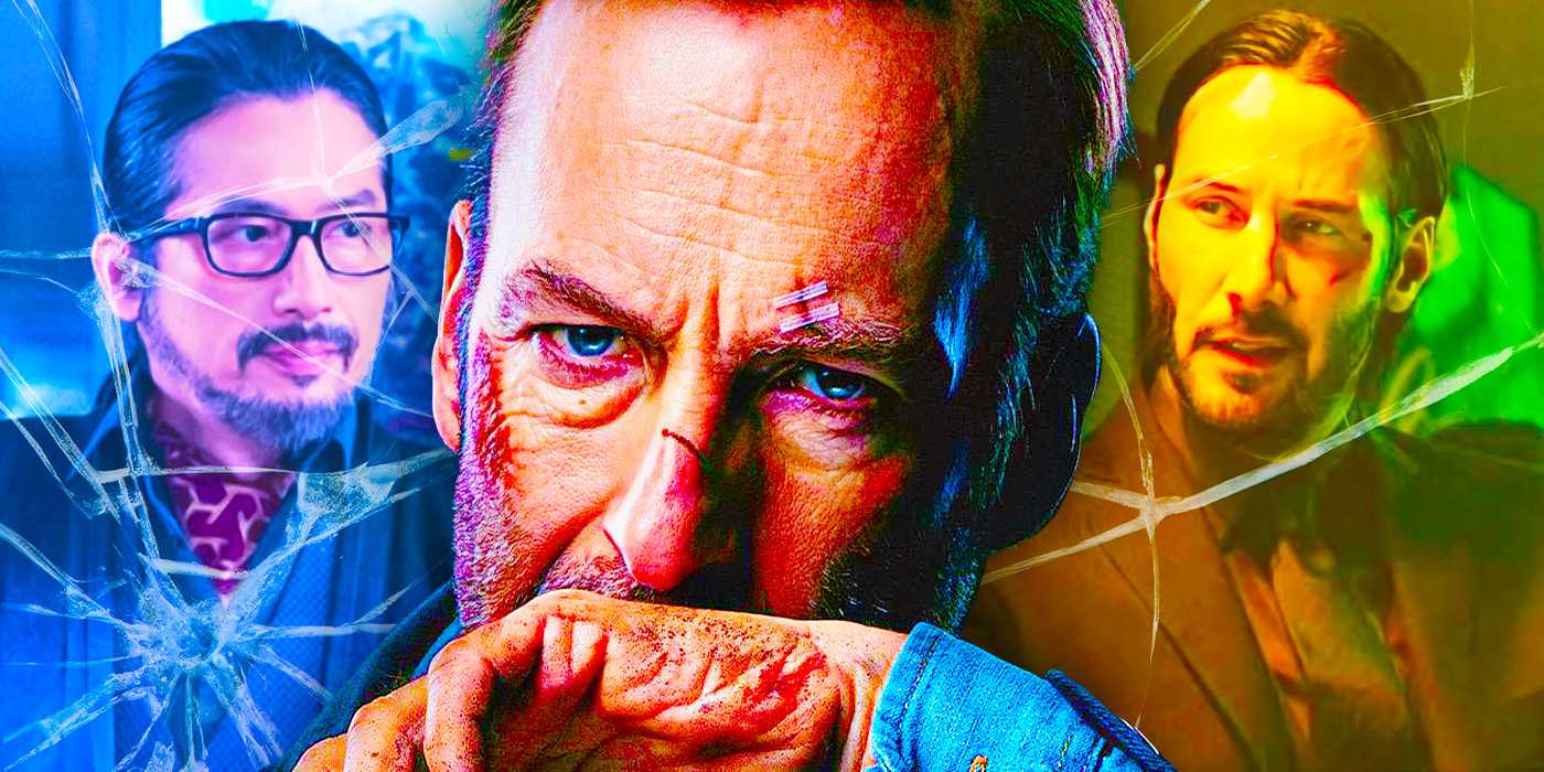 Боб Оденкирк в фильме Nobody, стоящий рядом с персонажами из фильма "Джон Уик" - Киану Ривзом и Хироюки Санадой