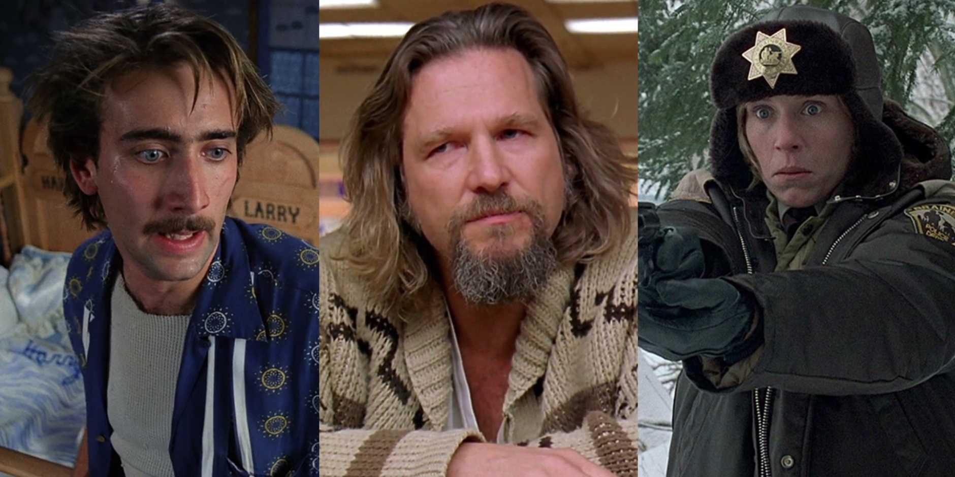 Разделенное изображение: Николас Кейдж в фильме "Raising Arizona", Джефф Бриджес в фильме "The Big Lebowski" и Фрэнсис МакДорманд в фильме "Fargo"