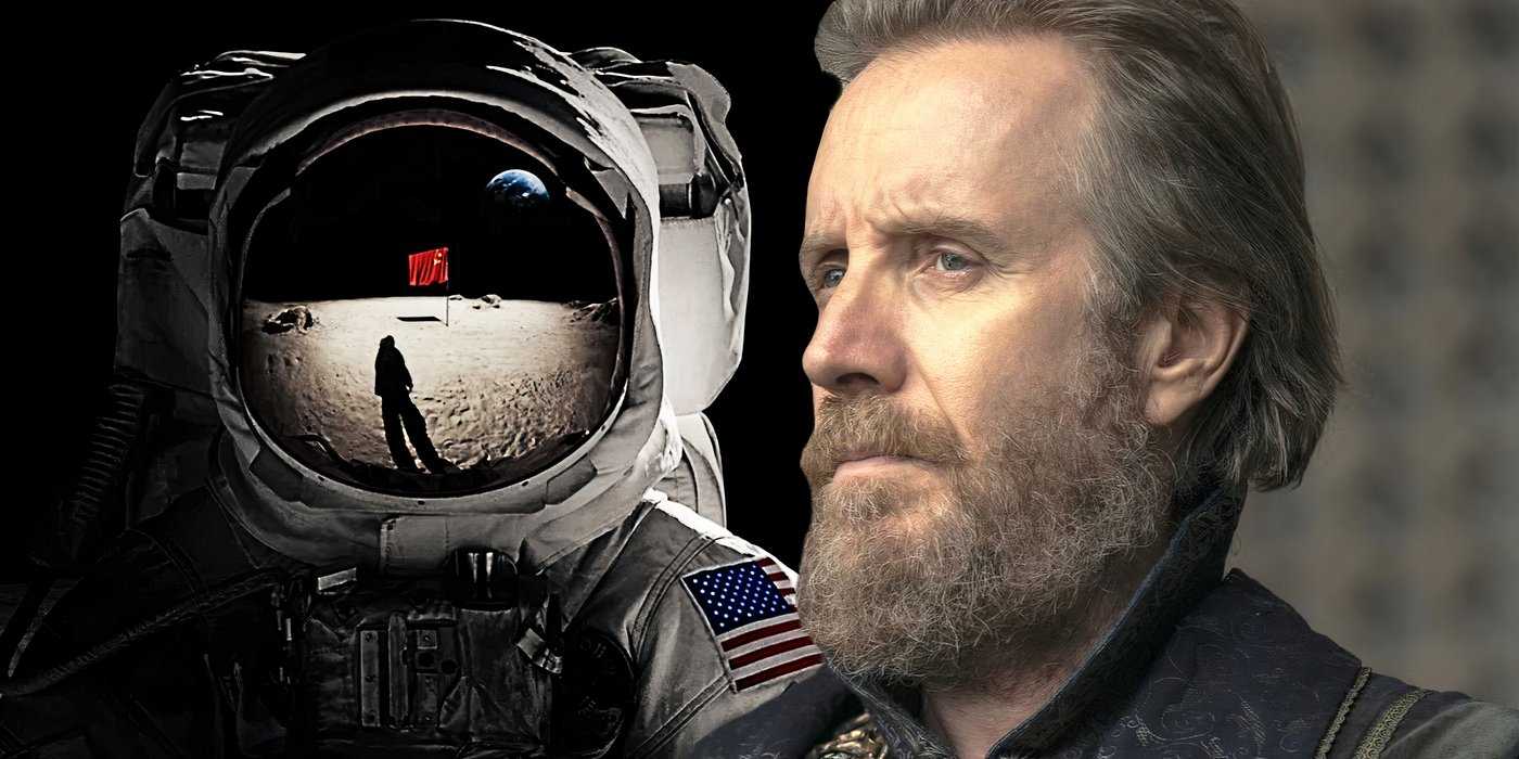 Композитное изображение Риса Айфана в House of the Dragon, смотрящего на астронавта на Луне из For All Mankind