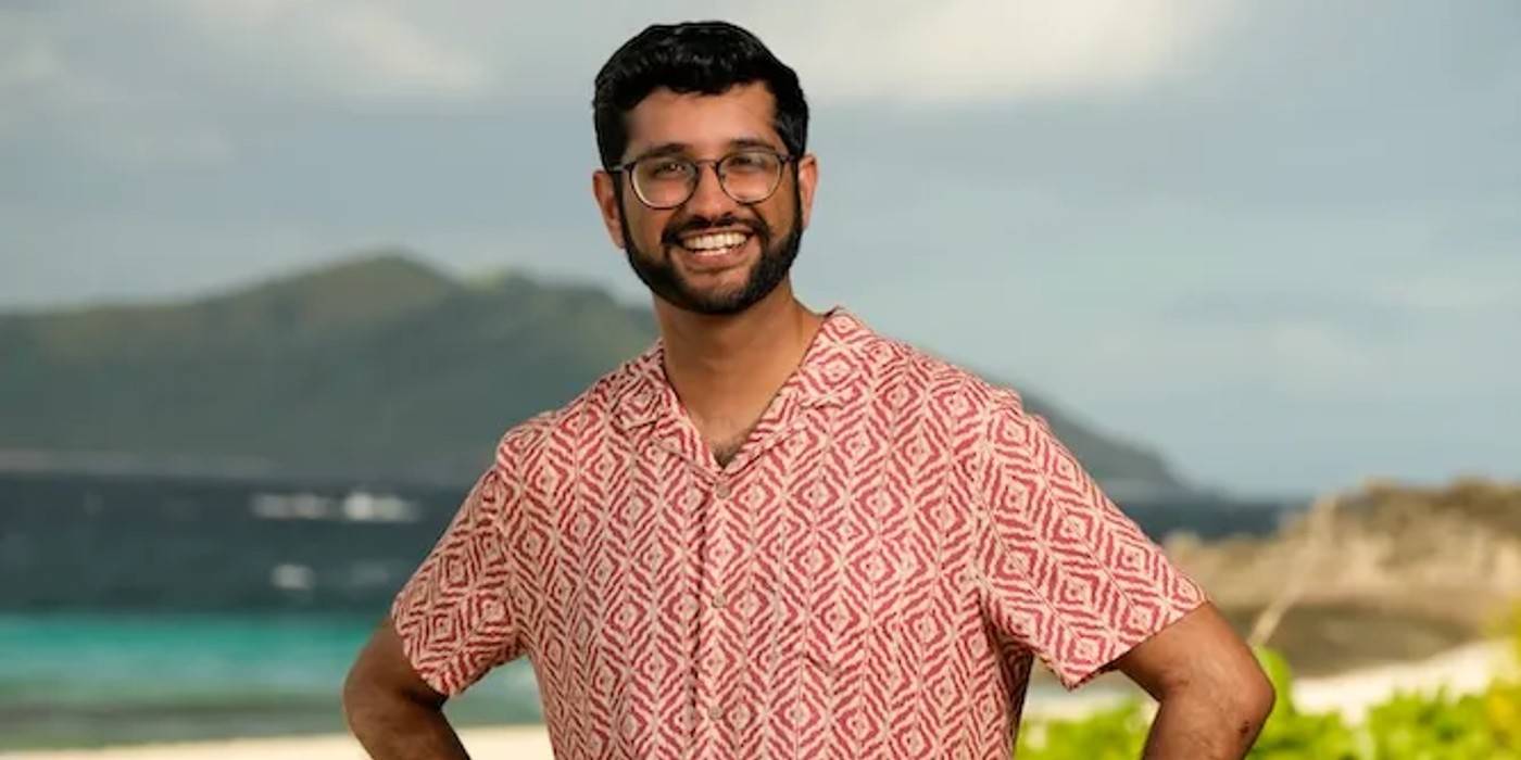 Улыбающийся Кишан Патель, участник "Выжившего 47", на фотографии крупным планом на пляже на Фиджи.