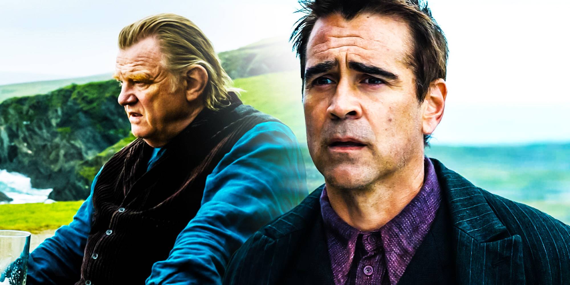 Коллаж с Бренданом Глисоном в роли Колма Дохерти и Колином Фаррелом в роли Падрика Суиллебайна в фильме «Баньши Инишерин»