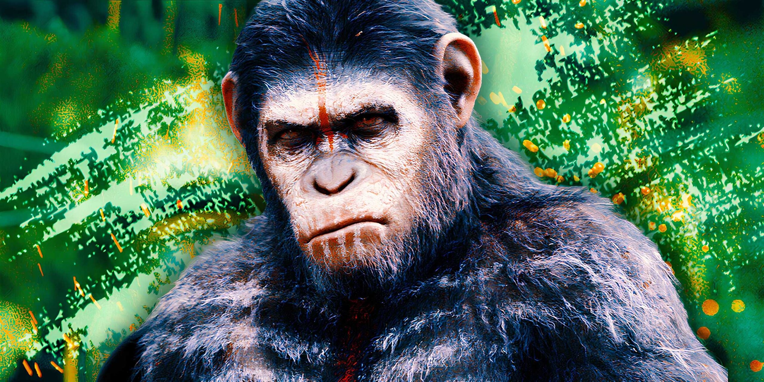 Отредактированное изображение Цезаря из Dawn of the Planet of the Apes с зеленым фоном.