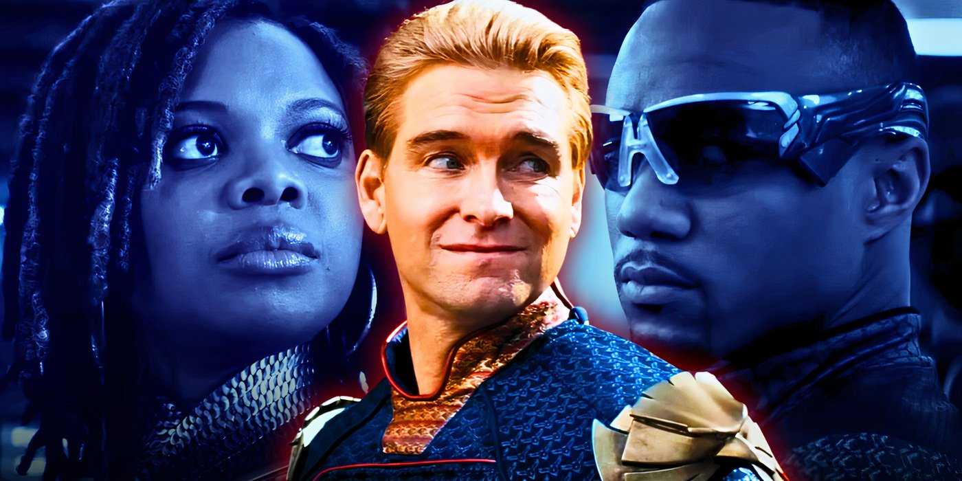 Энтони Старр с мрачным выражением лица в роли Хомлендера между Джесси Т. Ушер в роли A-Train и Сьюзан Хейворд в роли Сестры Сад