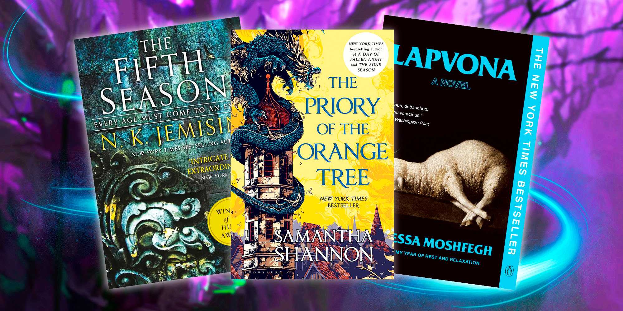 Обложки книг "The Fifth Season", "The Priory of the Orange Tree" и "Lapvona"