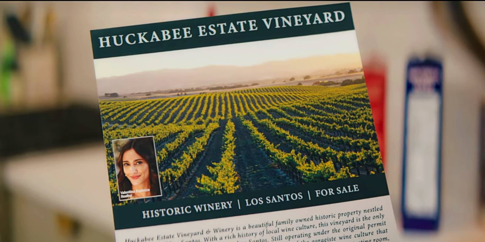 На листовке изображены виноградники Huckabee рядом с фотографией Валентины в Holiday in the Vineyards.