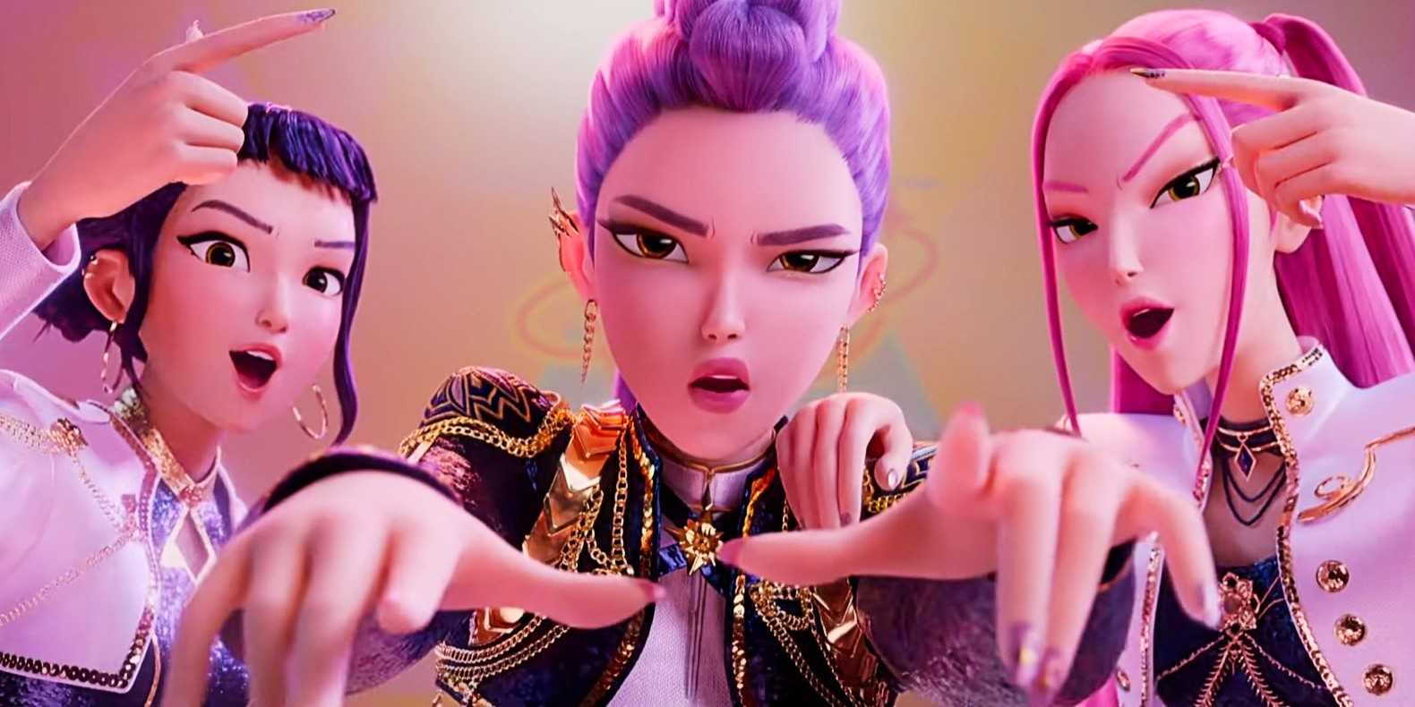 Девушки из Huntrx, исполняющие рэп перед камерой в KPop Demon Hunters