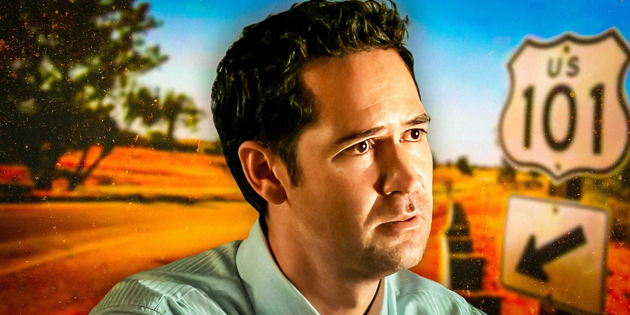 Майки из "The Lincoln Lawyer" стоит перед трассой.