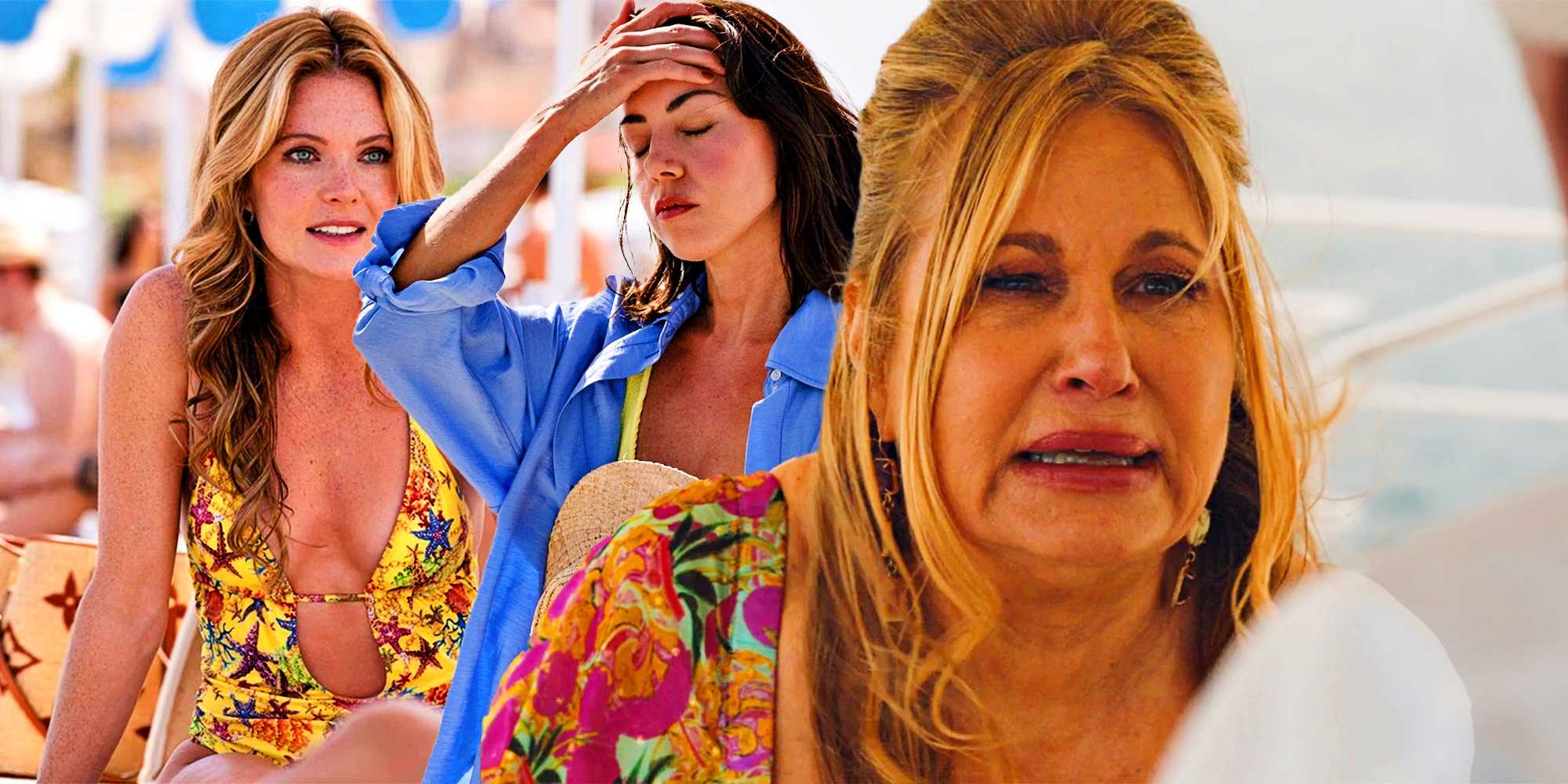 Коллаж с Дафней и Харпер, выглядящими обеспокоенными, и Таней, плачущей в *The White Lotus*