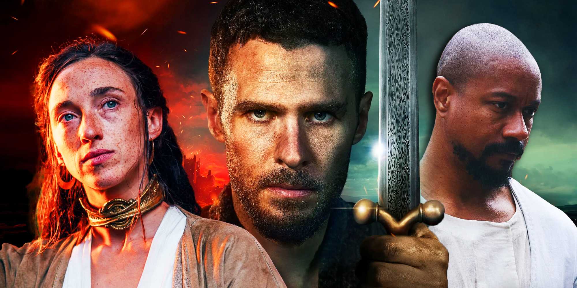 Композитное изображение, на котором Нимуэ смотрит на Артура, держащего меч, а Мерлин смотрит вниз в "Зимнем короле"