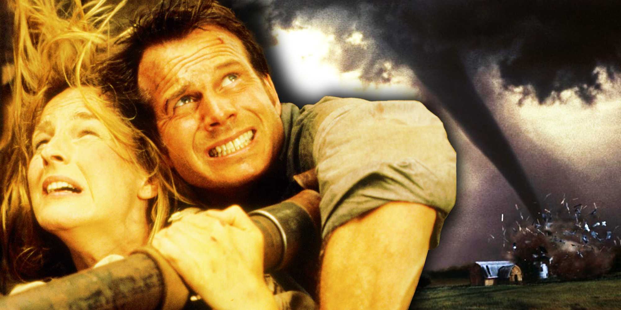 Смешанное изображение Джо Хардинг (Хелен Хант) и Билла (Билл Пакар) и торнадо, вызывающего разрушения в фильме "Торнадо"