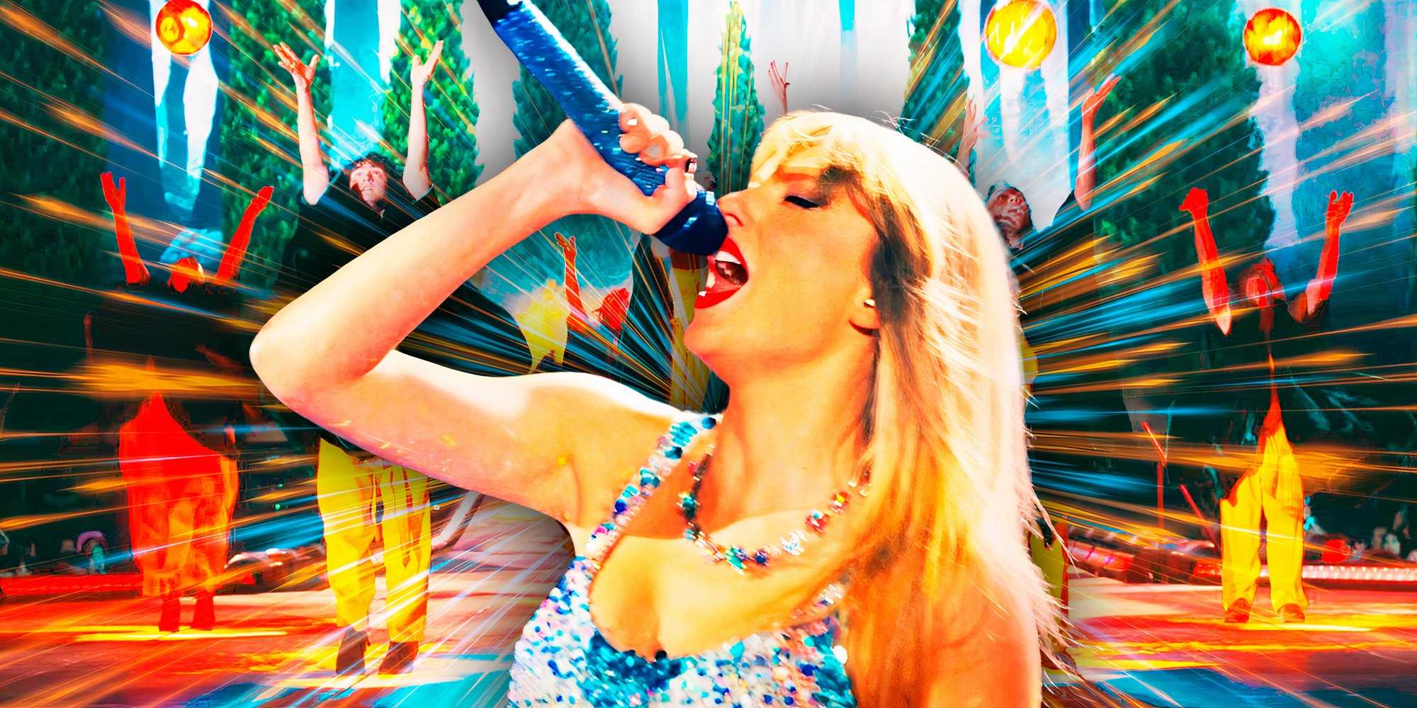 Taylor Swift поет в микрофон во время выступления Lover, отредактированное с ее танцорами во время willow в сет-листе evermore.