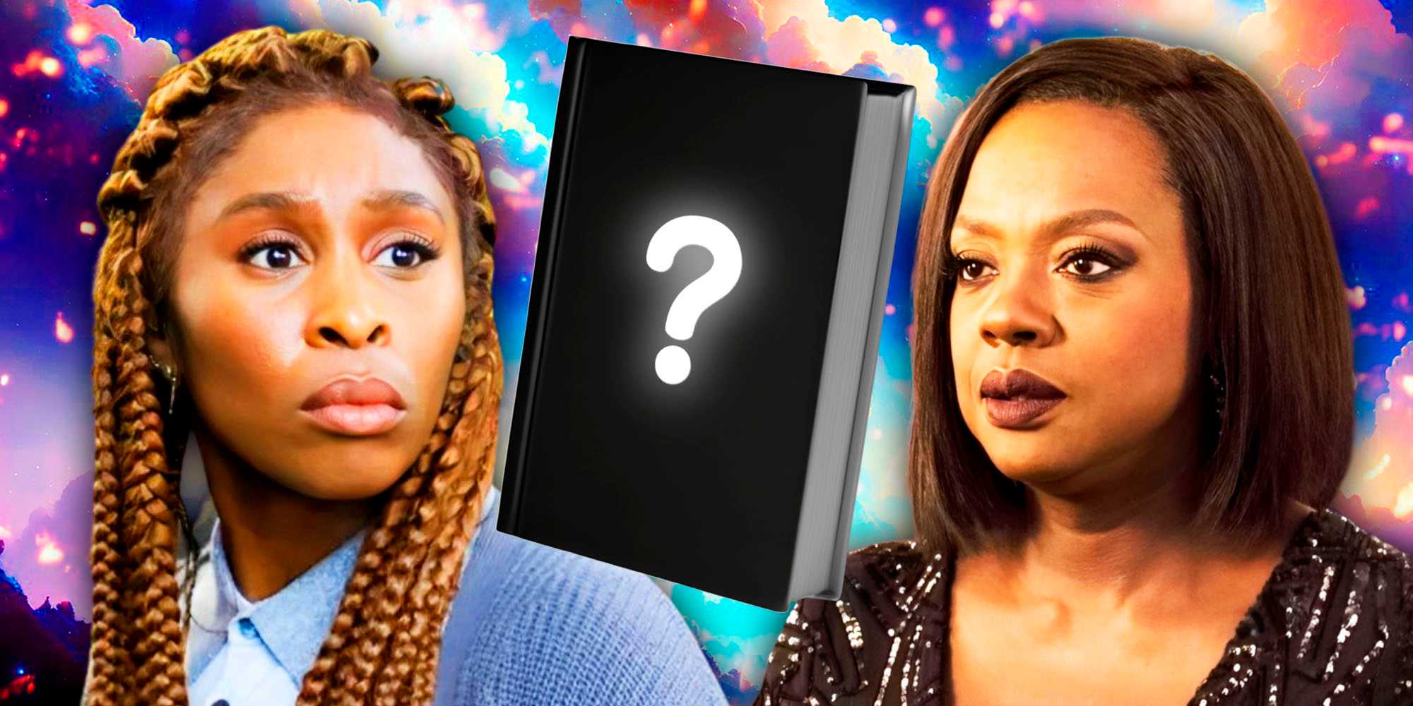 Виола Дэвис и Синтия Эриво с обложкой книги с вопросительным знаком в центре