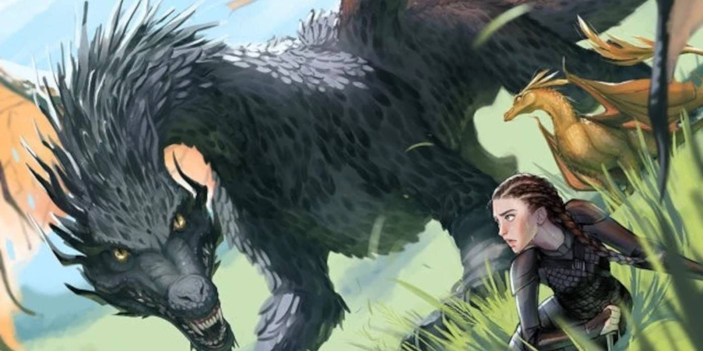 Фан-арт, изображающий Violet, спасающую Andarna и защищающуюся Tairn во время Threshing в Fourth Wing