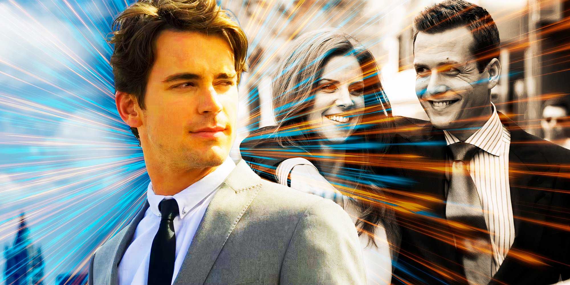 Кастомное изображение Неала из White Collar в цвете, превосходящего Харви и Донну из Suits, которые изображены в черно-белом цвете.