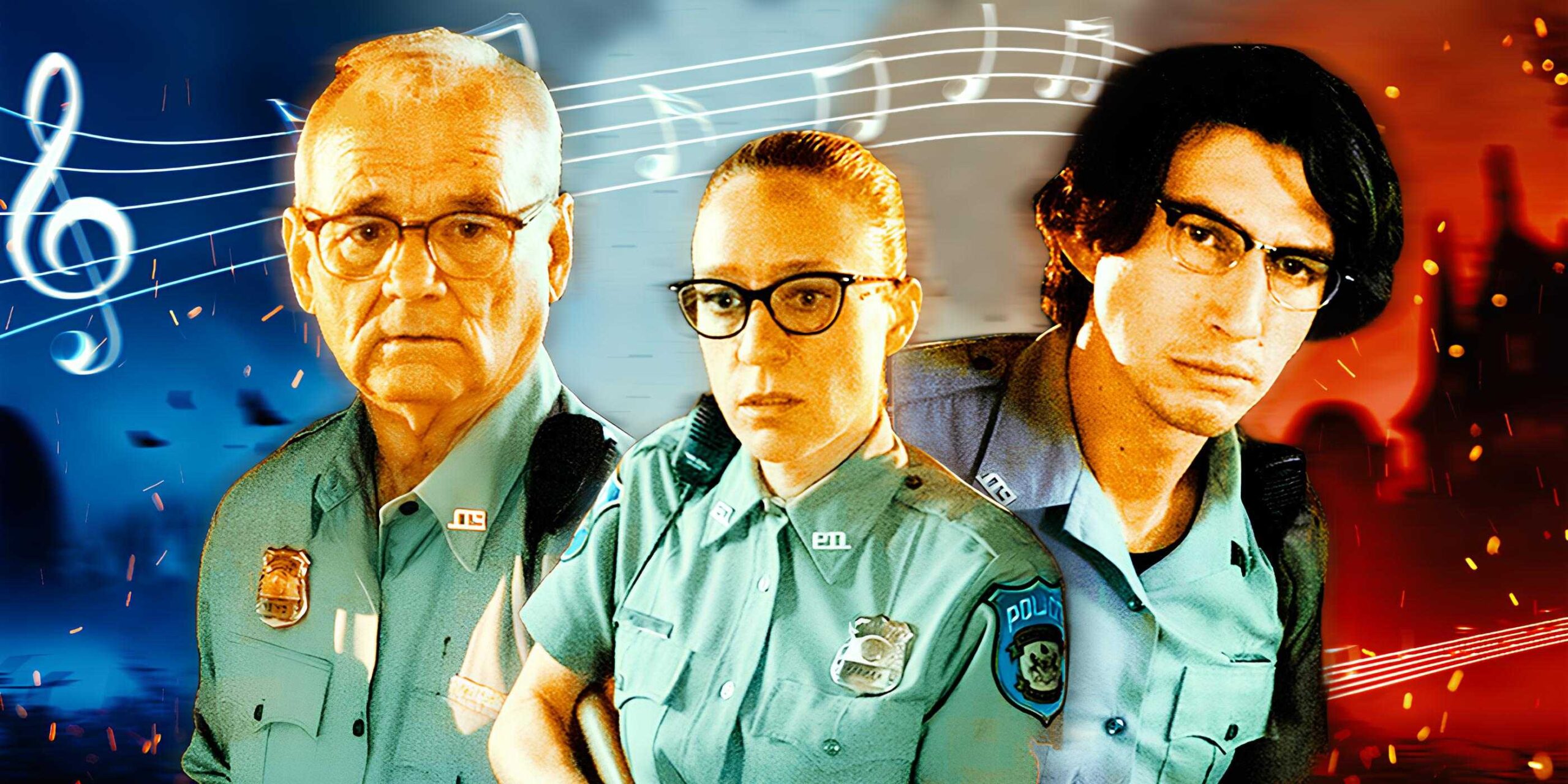 Клифф, Майнд и Ронни из «Мертвые не умирают» перед фоном с музыкальными нотами