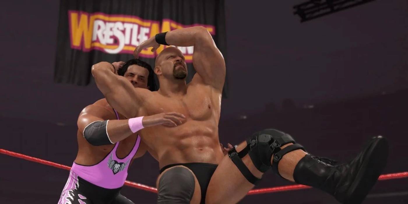 Стив Остин '97 выполняет "stunner" на Брет Харт в WWE 2K24