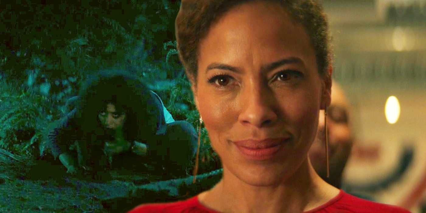 Тайсса, улыбающаяся и одетая в красное платье, побеждает на выборах, а более молодая Тайсса ест землю на заднем плане