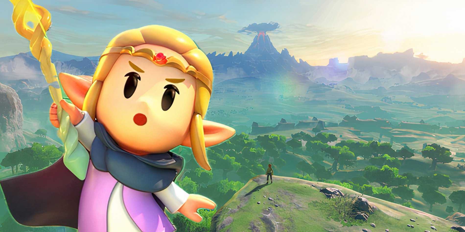 Принцесса Зельда из The Legend of Zelda: Echoes of Wisdom держит Три-Род на фоне Хайрула из Breath of the Wild