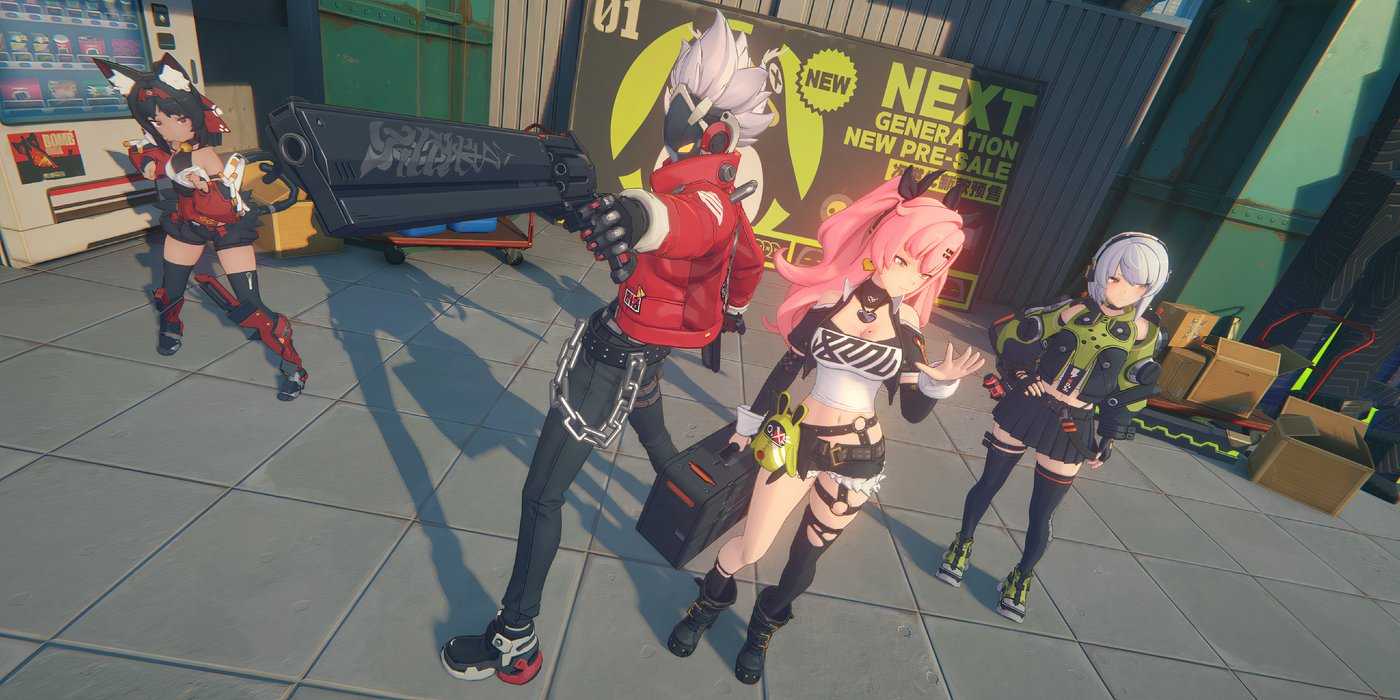 Позы персонажей *Cunning Hares* из *Zenless Zone Zero* перед городской застройкой.