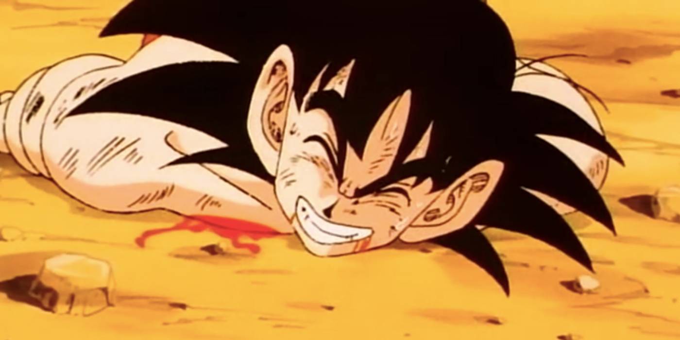 Гоку улыбается, потому что только что выиграл Всемирный турнир по боевым искусствам в Dragon Ball.