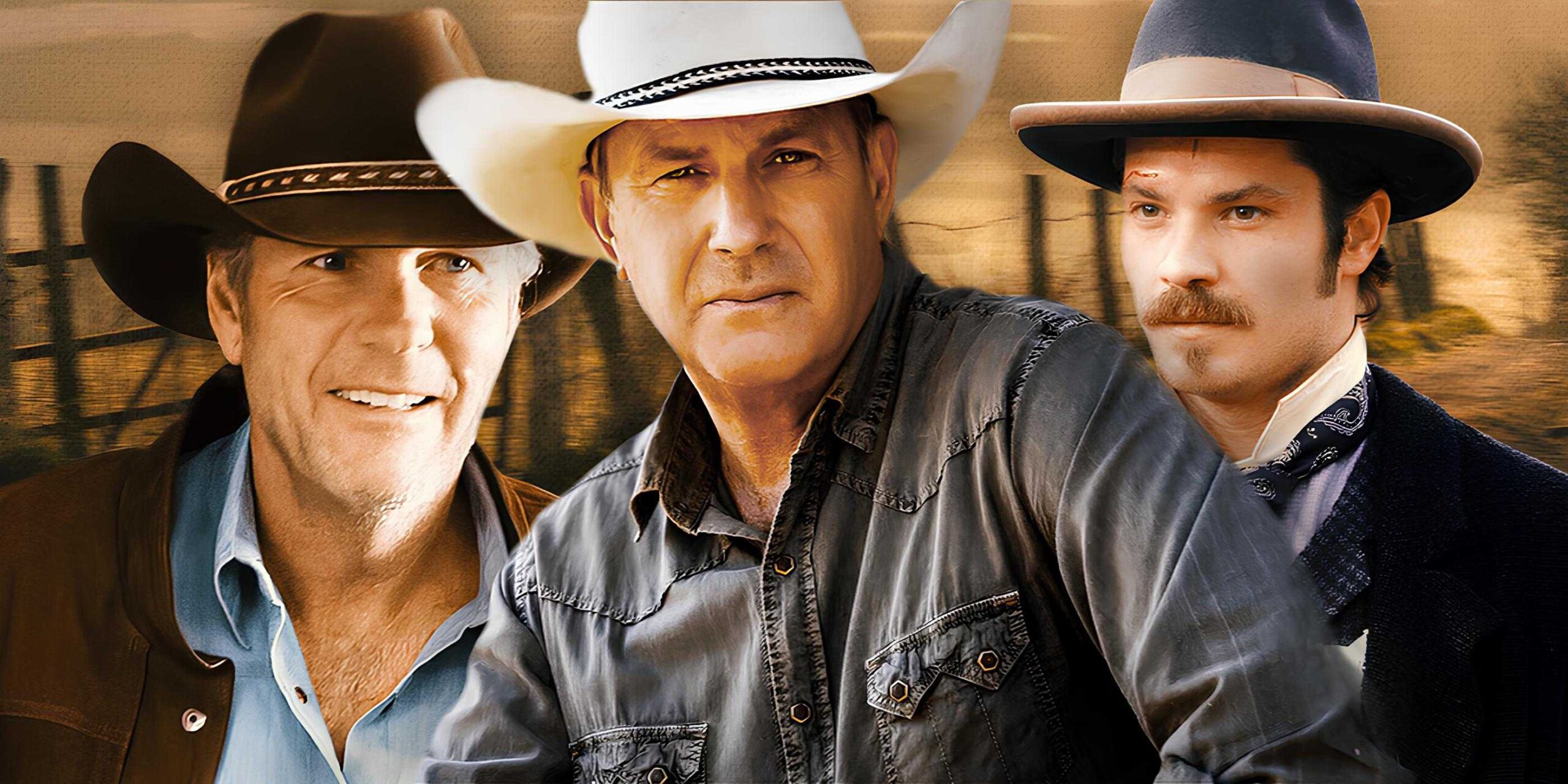 Роберт Тайлор в роли Уолта Лонгмайера в "Longmire", Кевин Костнер в роли Джона Даттона III в "Yellowstone", и Таймер Олифан в роли Сэта Баллока в "Deadwood"