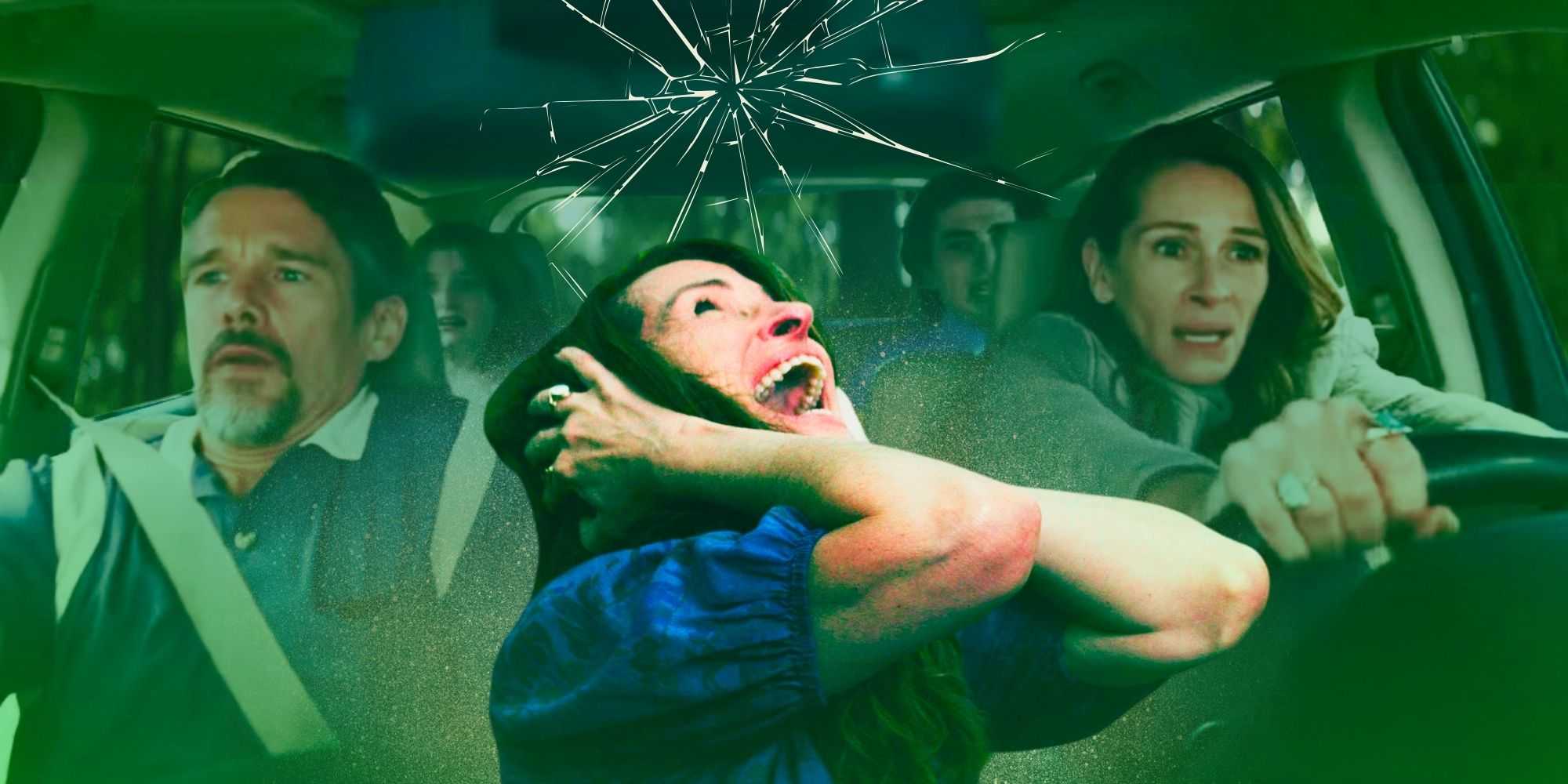 Композитное изображение Джулии Робертс в роли Эман Санфорд и всей семьи в фильме «Оставьте мир позади»