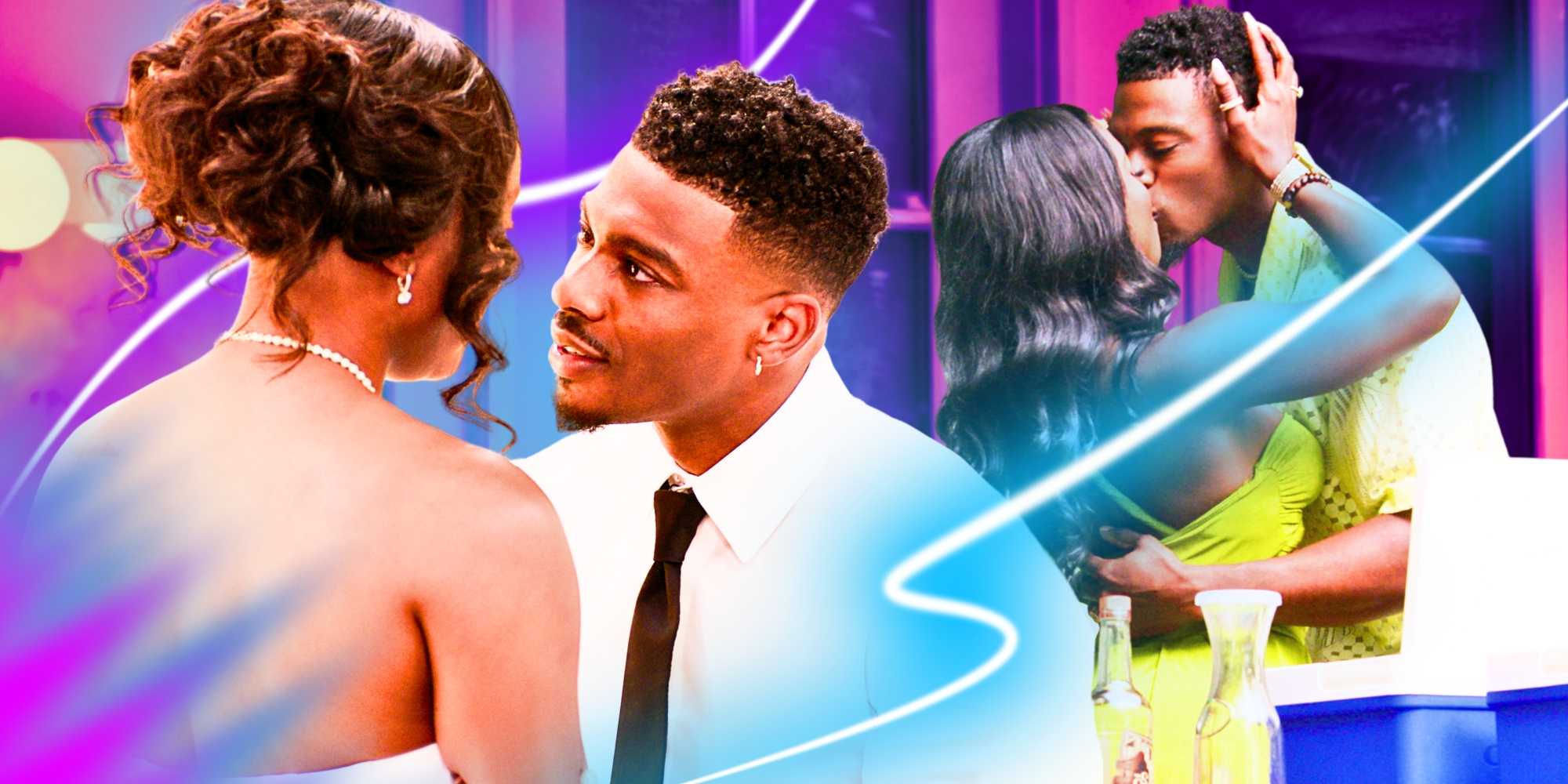  Love Is Blind Season 6 Clay & A.D. talking on wedding day kissing in background purple and blue neon filters