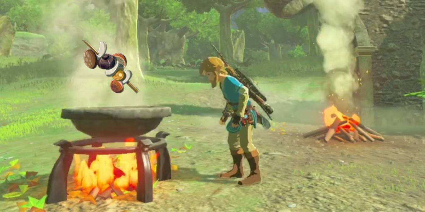 Линк смотрит на кастрюлю с поднимающейся из нее шпажкой из "Быстрых грибов" в Tears of the Kingdom.