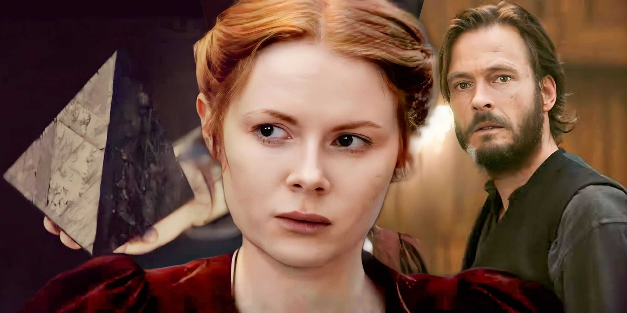 Эмили Бичем в роли Мауры и Андреас Пийтшман в роли Эйка, смотрящих в сторону в «1899»