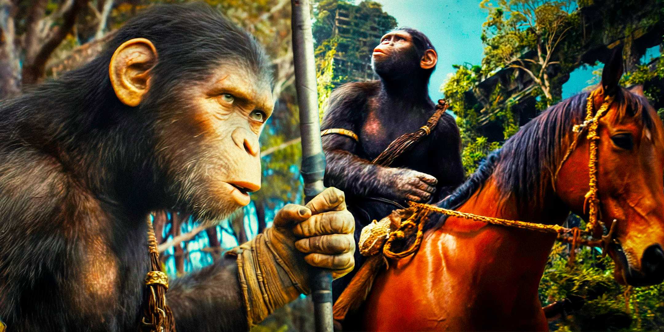 Ноа, держащая посох и верхом на лошади в Kingdom of the Planet of the Apes