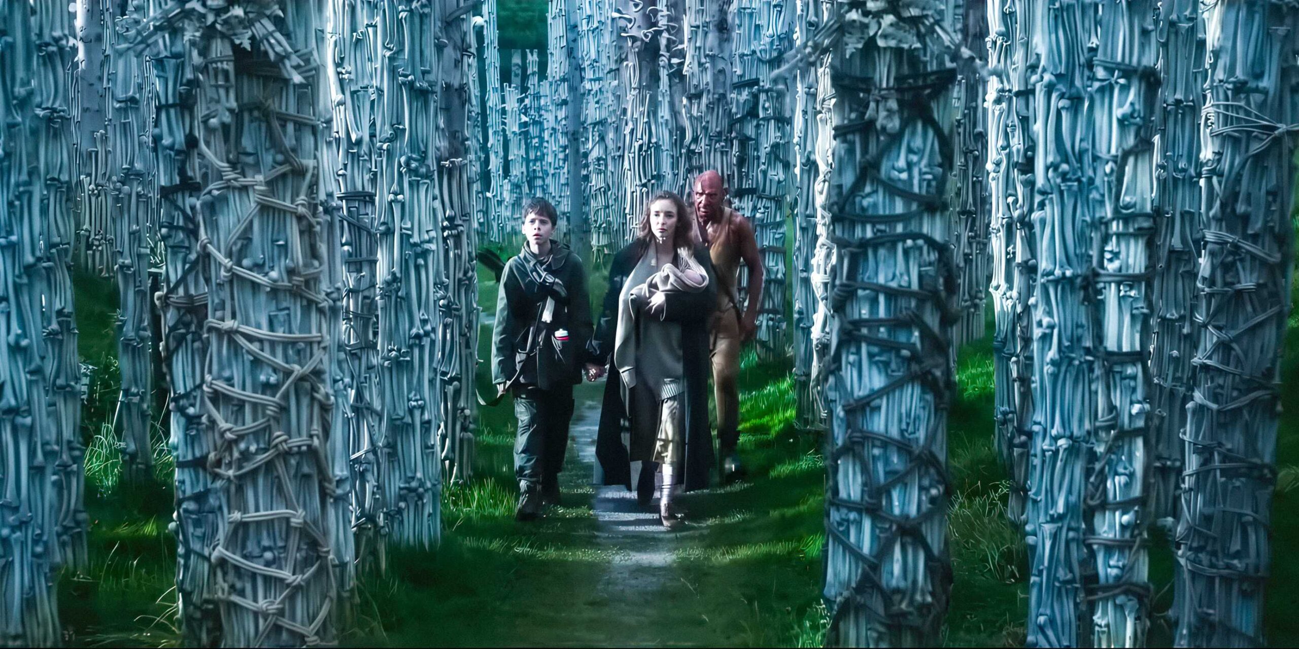 Исла (Джоди Комер), доктор Кельсон (Ральф Файнс) и Спайк (Элфи Уиллиямс) проходят через Храмовый комплекс в 28 Years Later