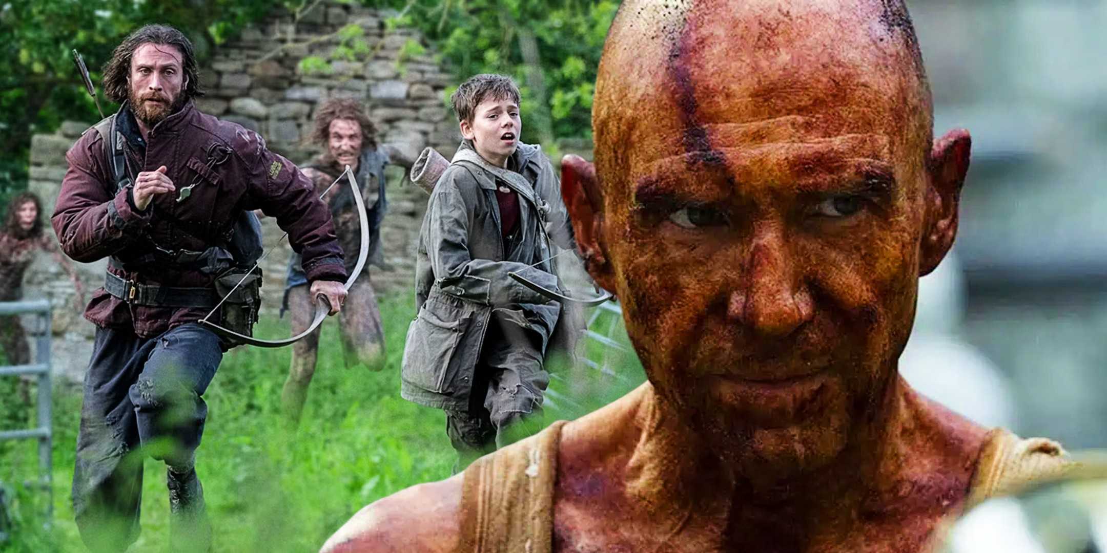 Композитное изображение Ральфа Файнса, покрытого кровью, перед Аароном Тейлором Джонсом, бегущим от зомби в фильме "28 Years Later".