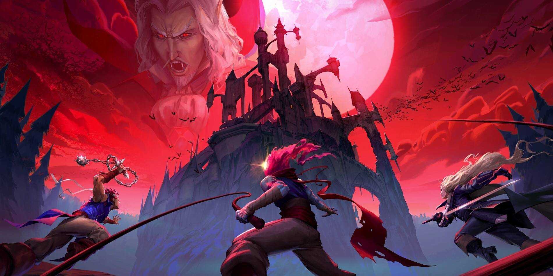 Рекламное изображение DLC "Dead Cells: Возвращение в Castlevania" с Рихтером Белмонтом, главным персонажем и Алукардом