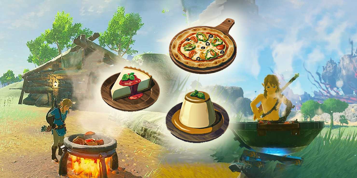 Изображения приготовления пищи для Линка над кастрюлей в "Tears of the Kingdom", с изображениями пиццы, чизкейка и яичного пудинга сверху.