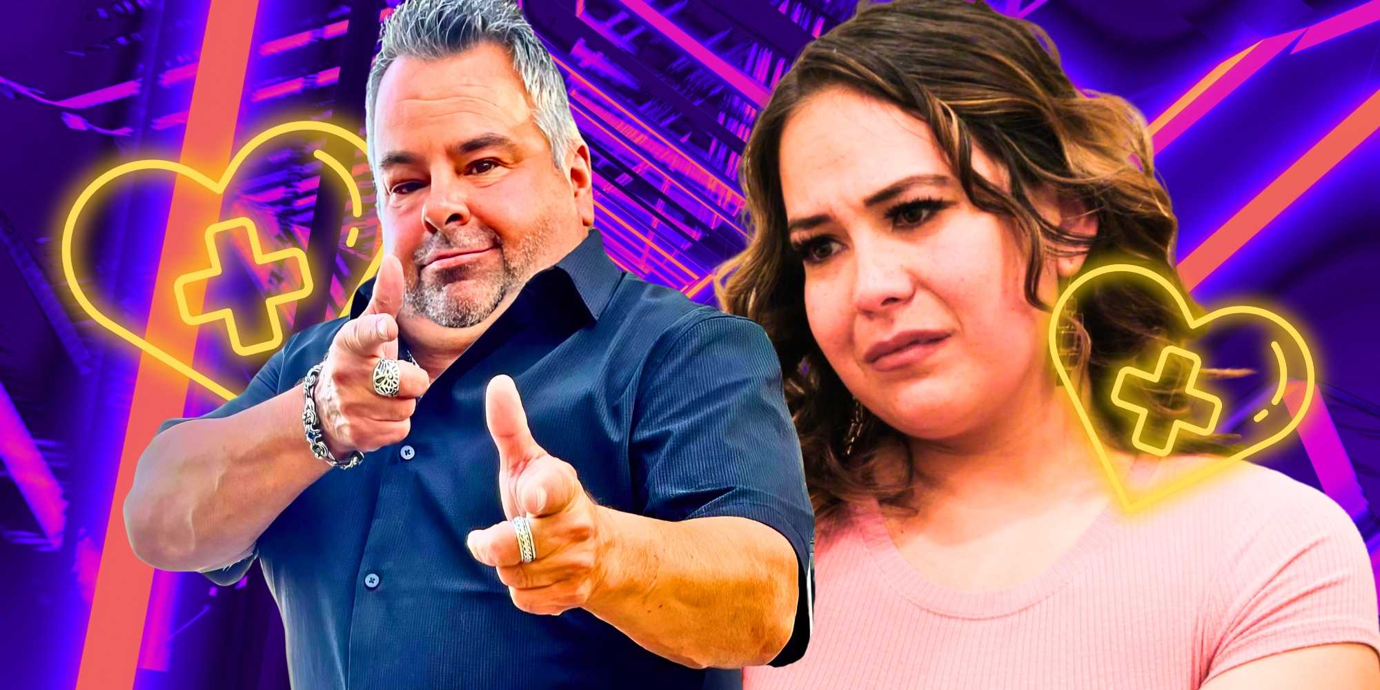 Большой Эд Браун из "90 дней подряд" указывает на камеру, а Лиз Уудс выглядит отвращенно.