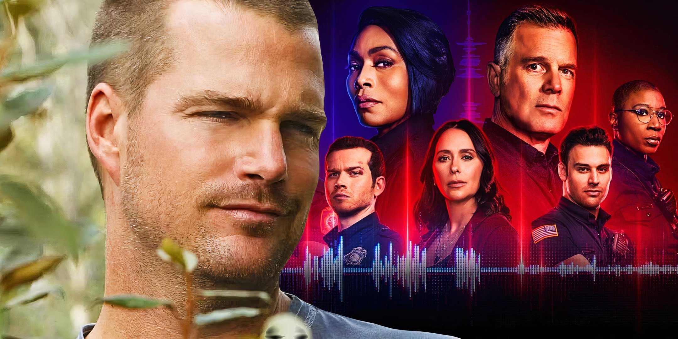 Композитное изображение Криса О'Доннелла, выражающего скептический взгляд в NCIS: Лос-Анджелес, перед актерами 9-1-1.