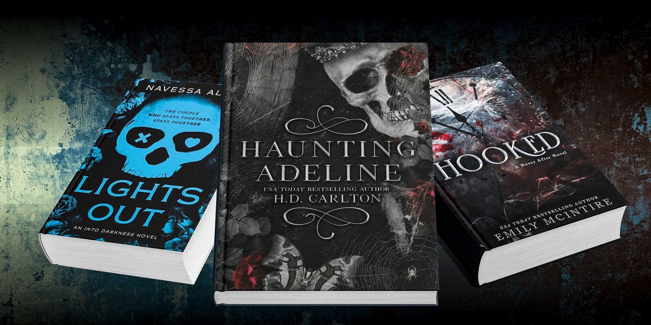 Обложки книг "Haunting Adeline" от HD Carlton, "Lights Out" от Navessa Allen и "Hooked" от Emily McIntyre на фоне гранжа
