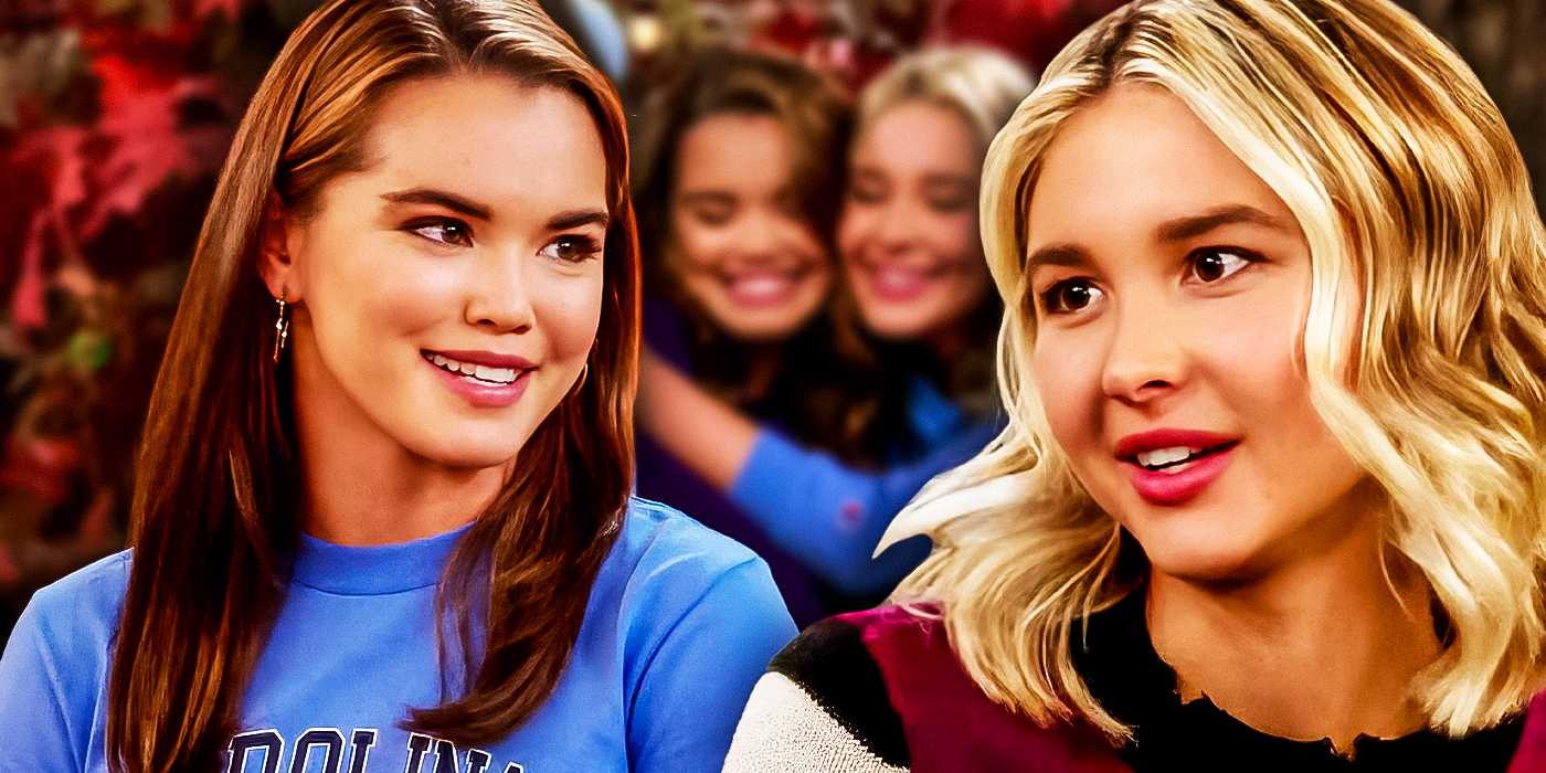 Смешанное изображение Алексы Мендозы (Парис Берлек) и Кэти Купер (Изабель Мэй) поверх изображения, где они обнимаются в финале сериала "Alexa & Katie"