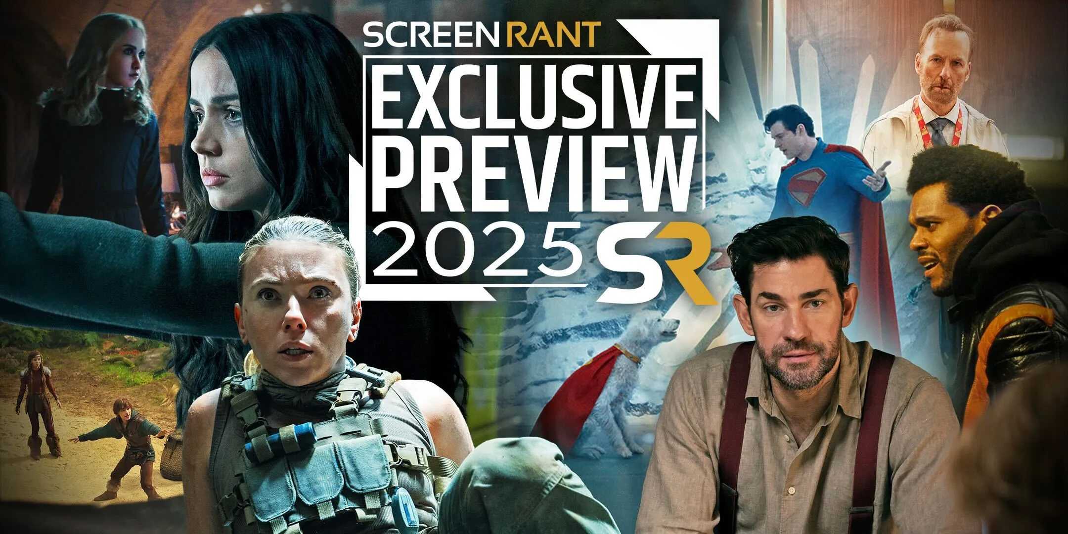 Композитное изображение эксклюзивных изображений Summer Movie Preview 2025 от ScreenRant, включая Superman, Jurassic World Rebirth, How to Train Your Dragon, Fountain of Youth, Hurry Up Tomorrow, Nobody 2, и From the World of John Wick: Ballerina