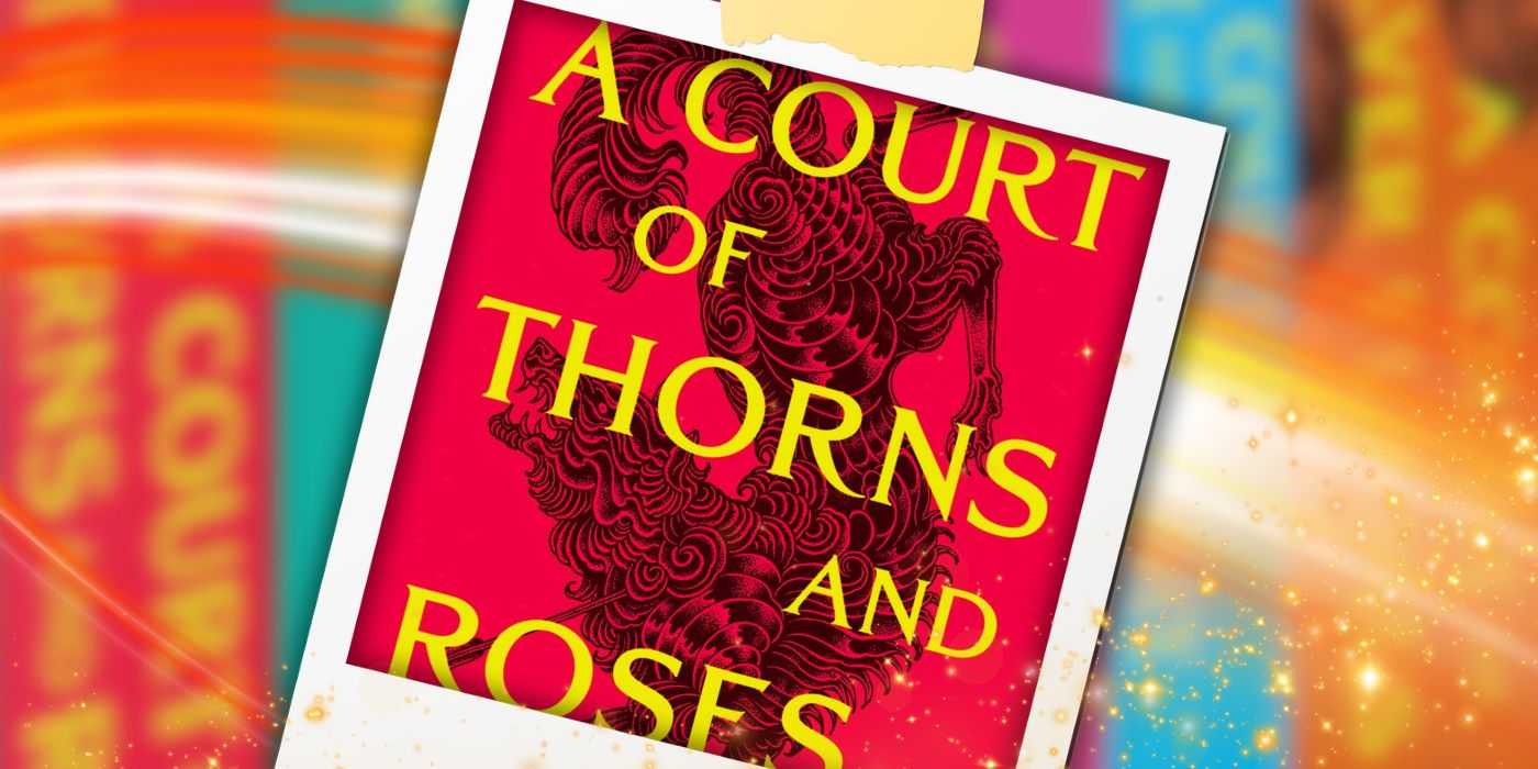 Фотография обложки книги "Court of Thorns & Roses" с другими обложками в качестве фона