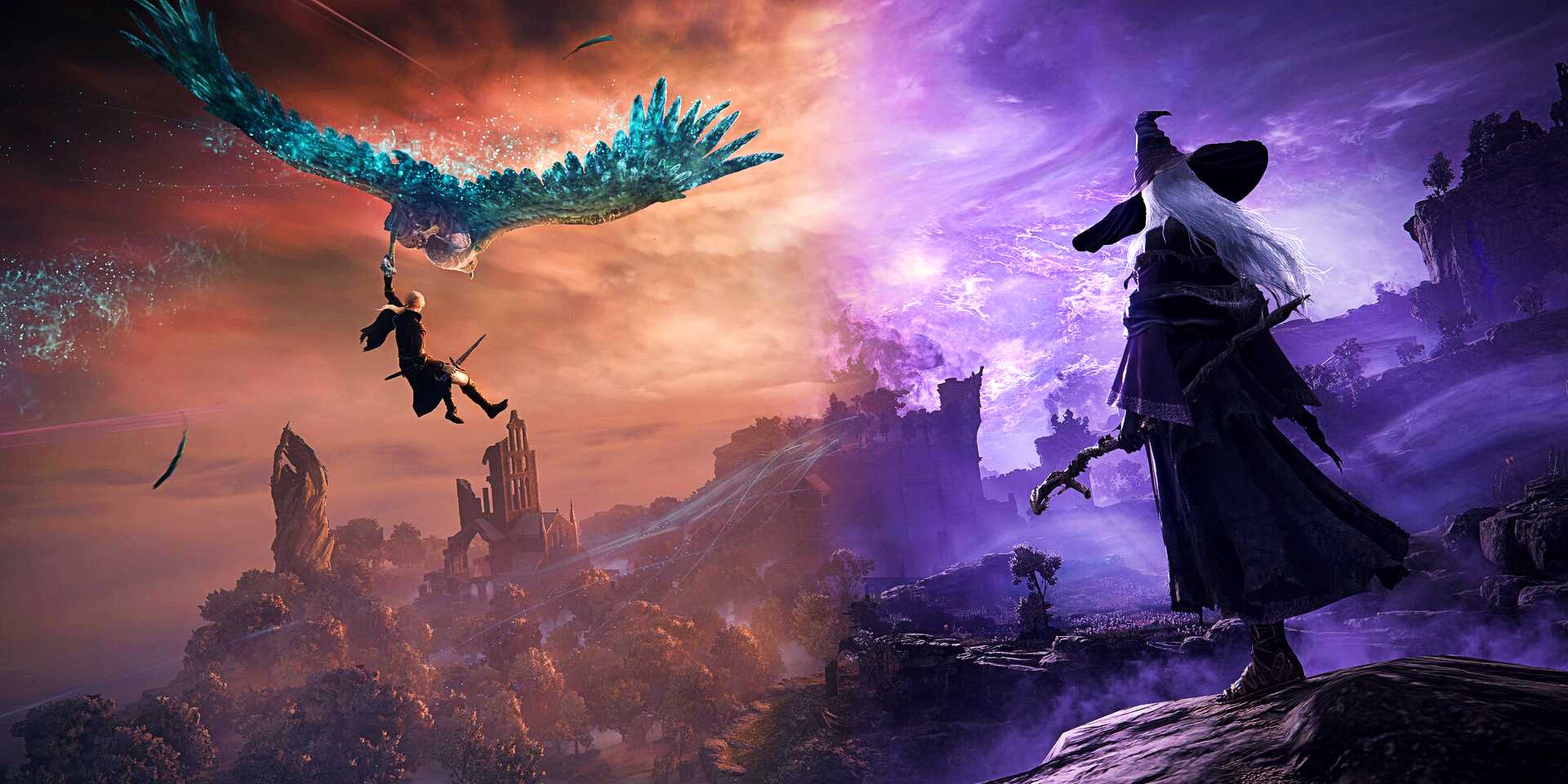 Игрок, летящий в кадр на спектральной птице, а другой, в колпаке ведьмы и с посохом, смотрит на пейзаж в Elden Ring Nightreign.