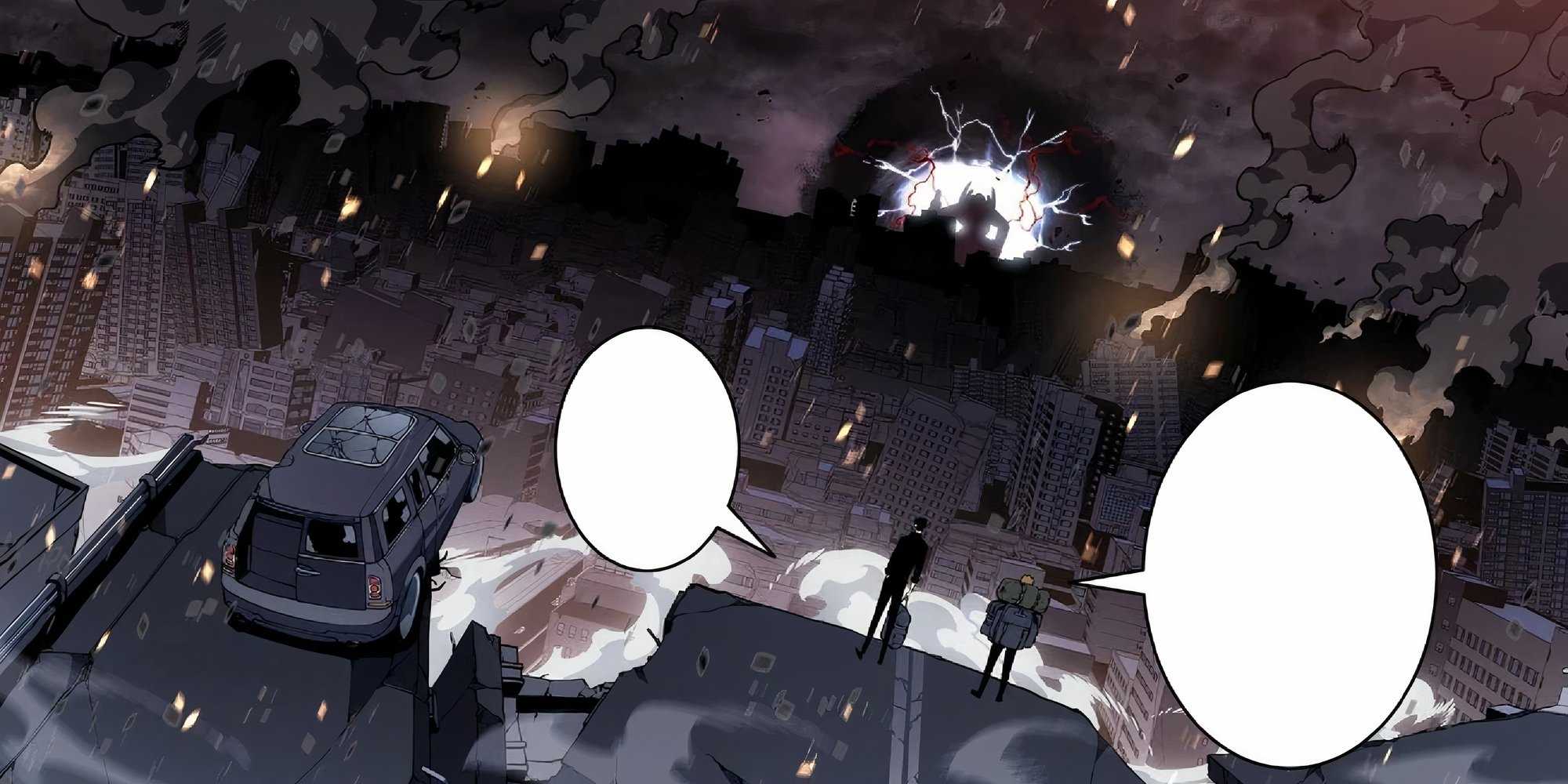 Разрушенный город с воротами на расстоянии, как показано во время арки кризиса в Японии в Solo Leveling