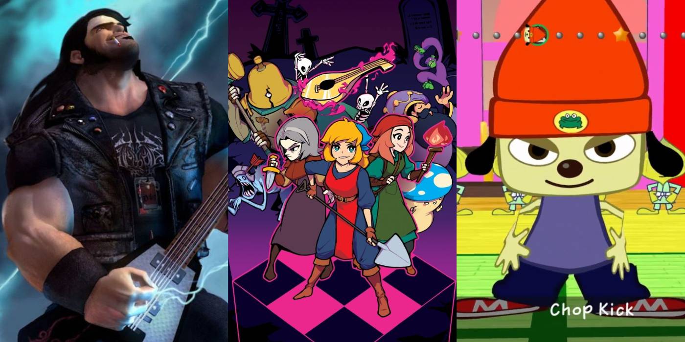 Разделенное изображение игр Brutal Legend, Crypt of the NecroDancer и PaRappa the Rapper