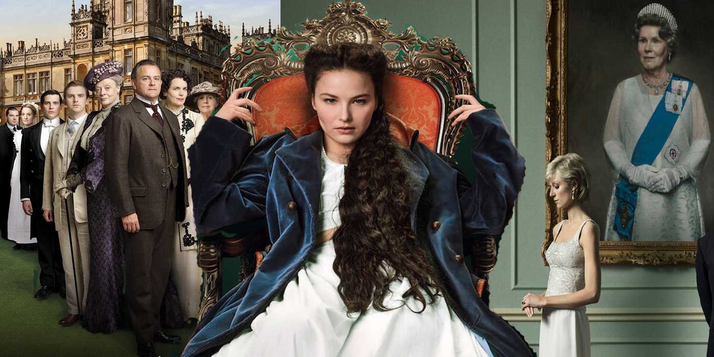 Разделенное изображение персонажей из "Динтон Abbey", "Императрицы" на троне и Дианы, стоящей перед портретом королевы в "The Crown".